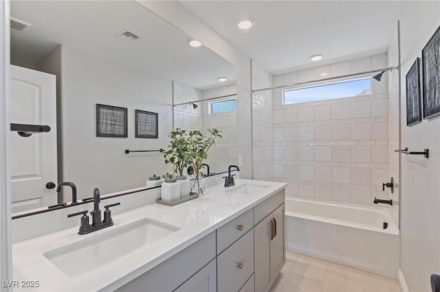7983 Texas Hills St, Las Vegas, NV 89113 - full bathroom with double vanity, bathing tub / shower combination, tile patterned floors, and recessed lighting
