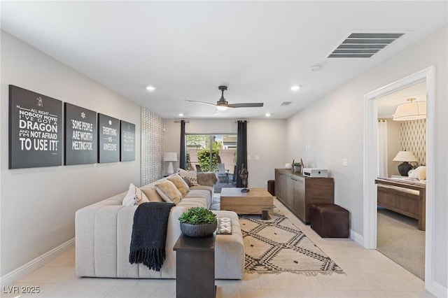 7983 Texas Hills St, Las Vegas, NV 89113 - tiled living area featuring a ceiling fan, baseboards, and recessed lighting
