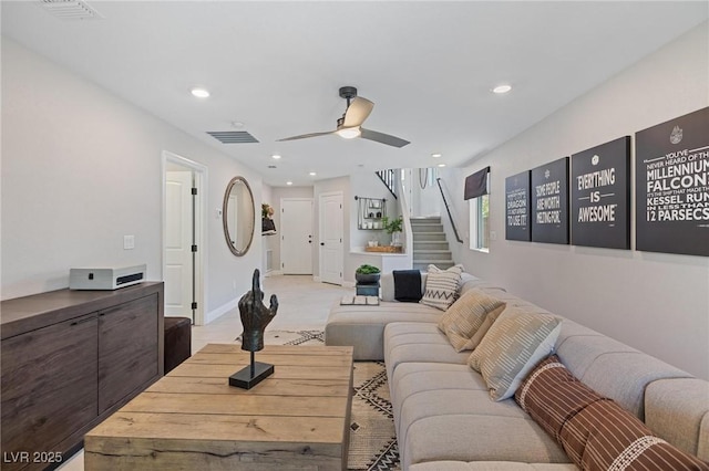 7983 Texas Hills St, Las Vegas, NV 89113 - living room featuring stairs, a ceiling fan, and recessed lighting