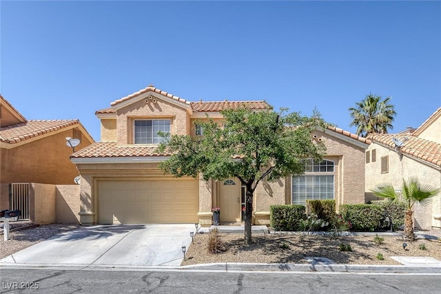 9428 Sierra Summit Ave, Las Vegas, NV 89134 - view of front of house with a tiled roof, driveway, a garage, and stucco siding