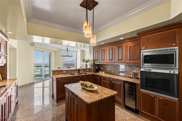 2777 Paradise Rd Unit 2302, Las Vegas, NV 89109 - kitchen featuring appliances with stainless steel finishes, wine cooler, ornamental molding, granite floors, and a peninsula