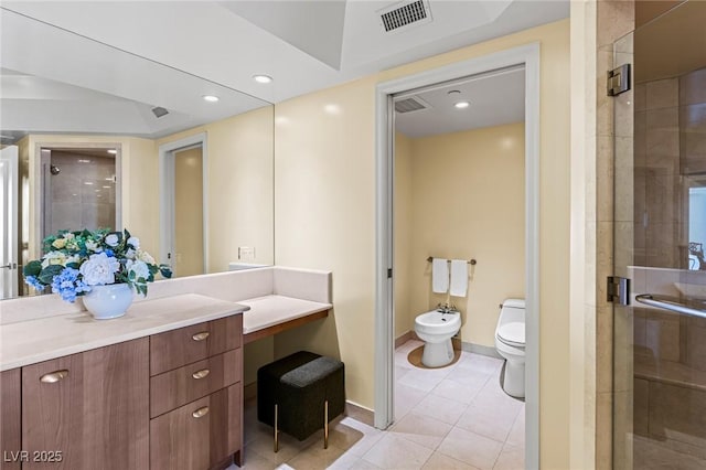 2777 Paradise Rd Unit 2302, Las Vegas, NV 89109 - full bathroom featuring a bidet, vanity, a stall shower, tile patterned flooring, and recessed lighting