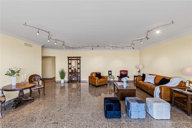 2777 Paradise Rd Unit 2302, Las Vegas, NV 89109 - living area with crown molding, granite floors, and rail lighting