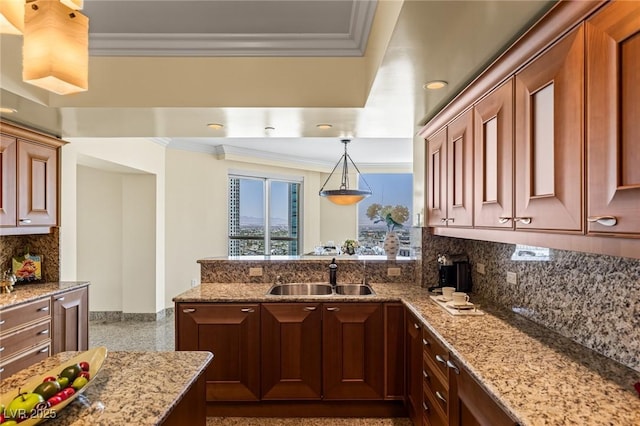 2777 Paradise Rd Unit 2302, Las Vegas, NV 89109 - kitchen with ornamental molding, granite floors, a peninsula, tasteful backsplash, and light stone countertops