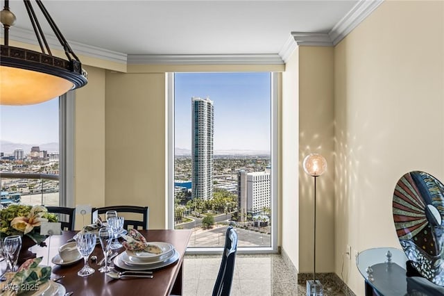 2777 Paradise Rd Unit 2302, Las Vegas, NV 89109 - dining space with a view of city, crown molding, and granite tiled floors