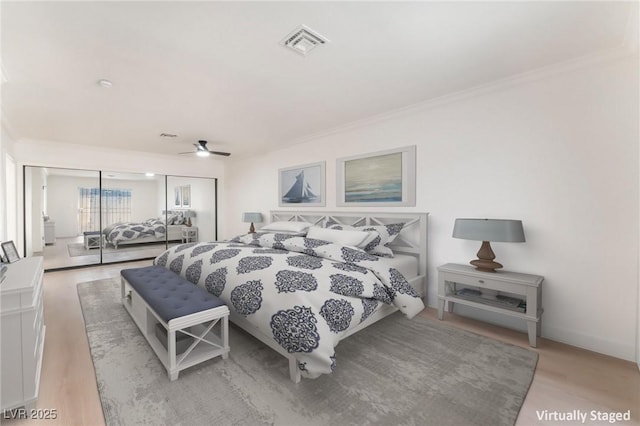 4301 Fortune Ave, Las Vegas, NV 89107 - bedroom featuring ornamental molding, light wood-type flooring, and ceiling fan