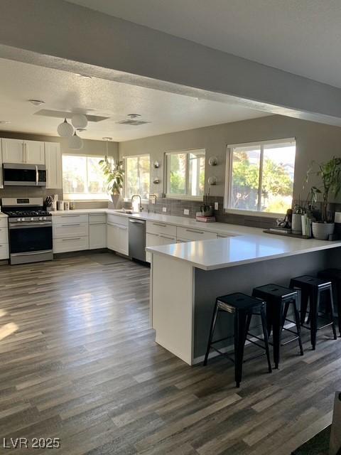 9485 Supernova Ct, Las Vegas, NV 89123 - kitchen with stainless steel appliances, plenty of natural light, white cabinetry, and dark wood-style flooring