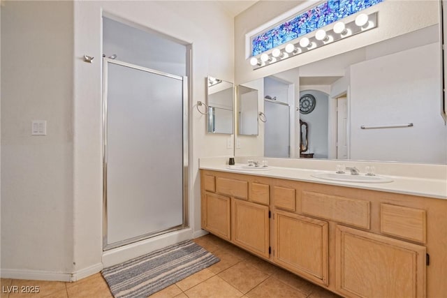 5317 Marietta Ave, Las Vegas, NV 89108 - bathroom with a shower stall, tile patterned floors, double vanity, and baseboards