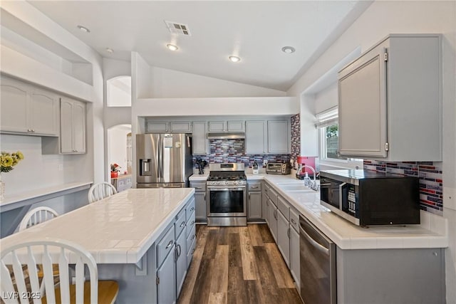 5317 Marietta Ave, Las Vegas, NV 89108 - kitchen with stainless steel appliances, gray cabinetry, lofted ceiling, dark wood-style floors, and tile countertops
