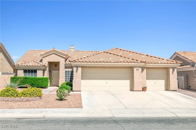 5704 Owl Butte Ct, Las Vegas, NV 89149 - view of front facade with stucco siding, a garage, a tile roof, concrete driveway, and a chimney
