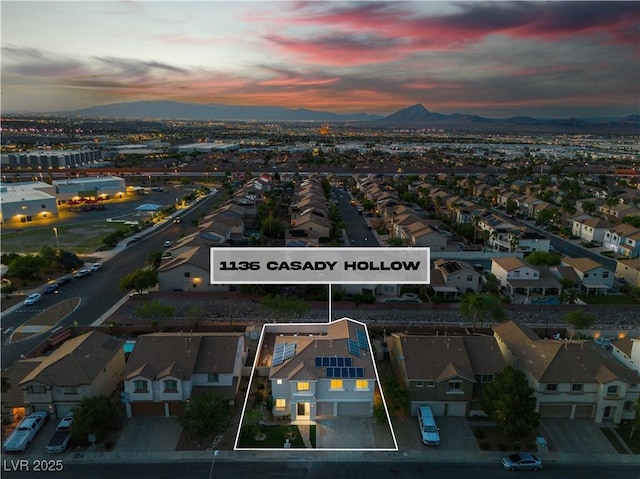 1136 Casady Hollow Ave, Henderson, NV 89012 - aerial view at dusk of a mountain view, property parcel outlined, and a residential view