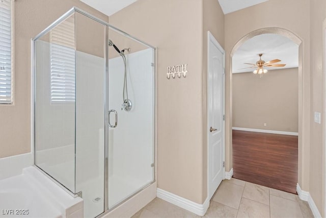2864 Kinknockie Way, Henderson, NV 89044 - full bath with a shower stall, ceiling fan, and baseboards