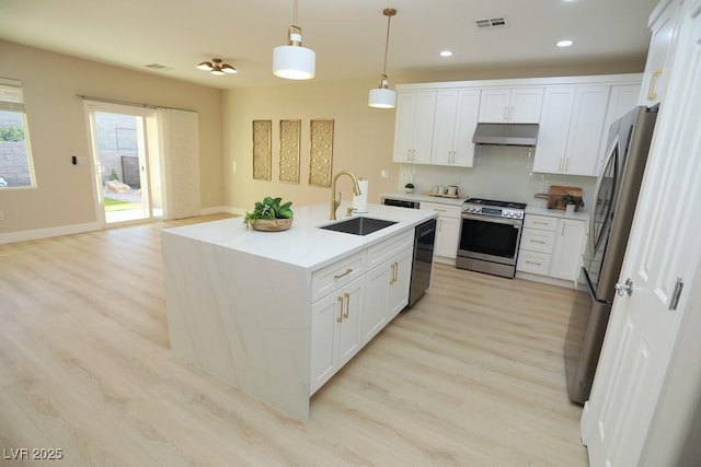 2623 Red Planet St, Henderson, NV 89044 - kitchen with stainless steel appliances, a sink, under cabinet range hood, light wood-style flooring, and white cabinets