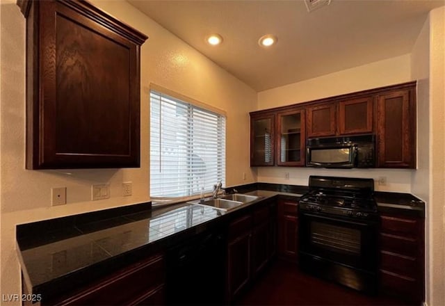 8218 Golden Flowers St, Las Vegas, NV 89139 - kitchen featuring black appliances, a sink, recessed lighting, dark countertops, and dark brown cabinets