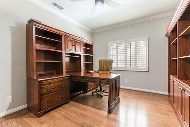 8205 Taos Paseo Ave, Las Vegas, NV 89128 - office area with light wood-type flooring, ceiling fan, crown molding, and baseboards