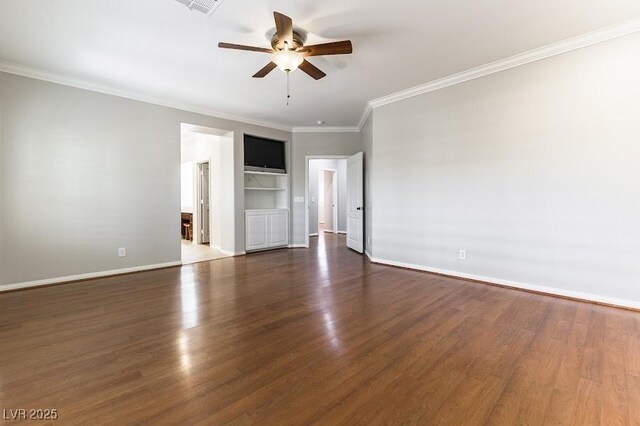 8205 Taos Paseo Ave, Las Vegas, NV 89128 - unfurnished bedroom with dark wood-style flooring, ornamental molding, baseboards, and ceiling fan