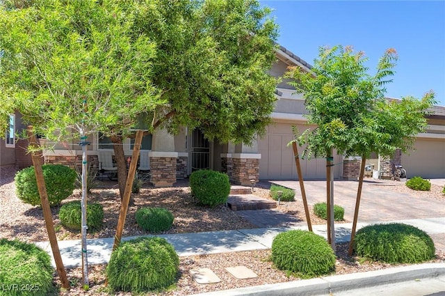 379 Mano Destra Ln, Henderson, NV 89011 - view of property hidden behind natural elements featuring stone siding, driveway, and an attached garage