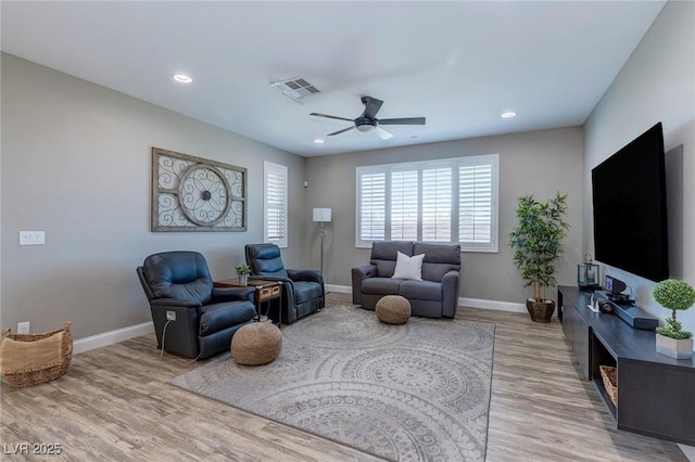 379 Mano Destra Ln, Henderson, NV 89011 - living area with baseboards, wood finished floors, a ceiling fan, and recessed lighting