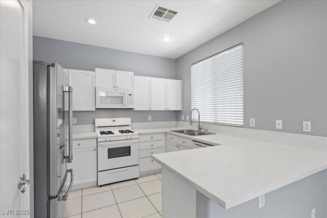 180 Duck Hollow Ave, Las Vegas, NV 89148 - kitchen featuring white appliances, a sink, a peninsula, white cabinetry, and light tile patterned floors