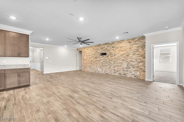 4510 Rubious Ave, North Las Vegas, NV 89084 - unfurnished living room featuring a ceiling fan, ornamental molding, light wood finished floors, recessed lighting, and baseboards