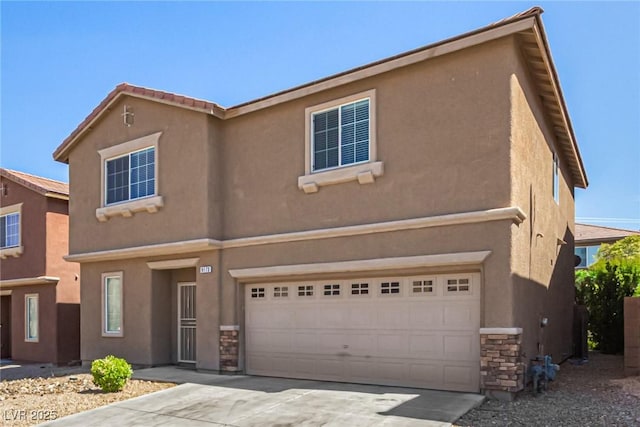 9173 Weeping Hollow Ave, Las Vegas, NV 89178 - view of front facade with a garage, stone siding, driveway, and stucco siding