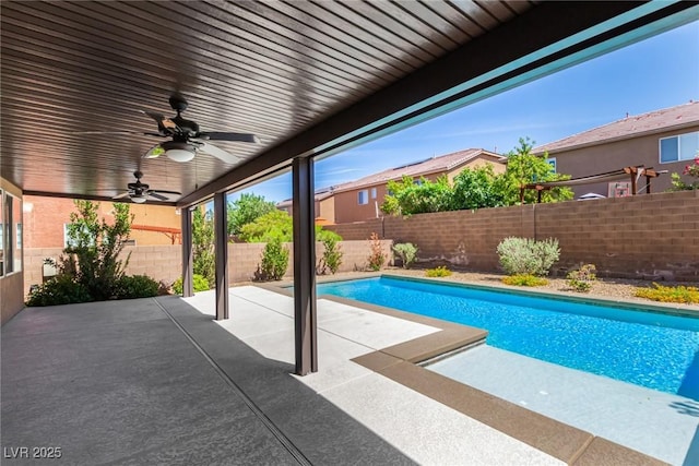 9173 Weeping Hollow Ave, Las Vegas, NV 89178 - view of swimming pool featuring a ceiling fan, a fenced backyard, and a patio area