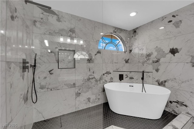 1611 Buffalo Trail Dr, Henderson, NV 89014 - bathroom featuring a marble finish shower and a freestanding tub
