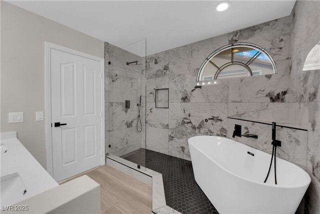 1611 Buffalo Trail Dr, Henderson, NV 89014 - full bathroom featuring a freestanding bath, walk in shower, double vanity, and recessed lighting