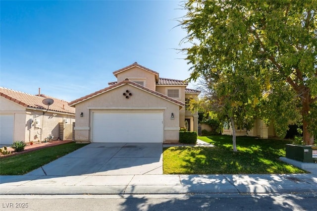 1917 Badger Canyon Ave, North Las Vegas, NV 89031 - mediterranean / spanish house featuring an attached garage, a front lawn, concrete driveway, stucco siding, and a tiled roof
