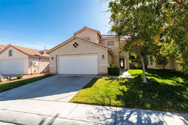 1917 Badger Canyon Ave, North Las Vegas, NV 89031 - mediterranean / spanish-style house with stucco siding, a garage, a front yard, and a tile roof