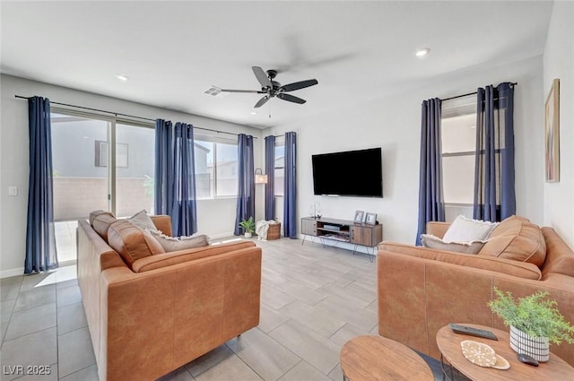 1321 Hudson Creek Pl, North Las Vegas, NV 89084 - living room featuring ceiling fan, recessed lighting, baseboards, and light tile patterned floors