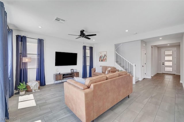 1321 Hudson Creek Pl, North Las Vegas, NV 89084 - living room with stairway, ceiling fan, recessed lighting, and baseboards