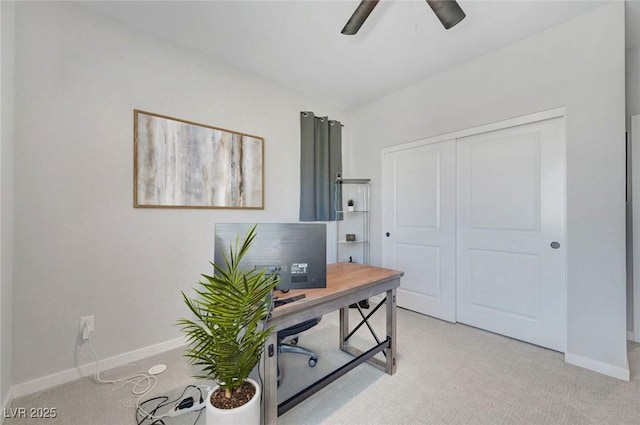 1321 Hudson Creek Pl, North Las Vegas, NV 89084 - home office featuring a ceiling fan, light colored carpet, and baseboards