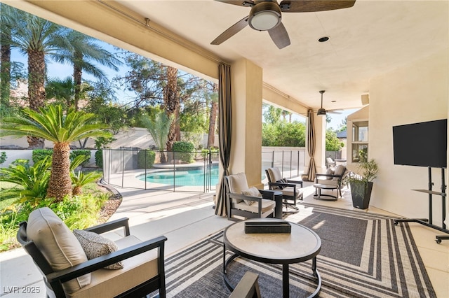 2346 Villandry Ct, Henderson, NV 89074 - fenced backyard with ceiling fan, outdoor lounge area, and a patio