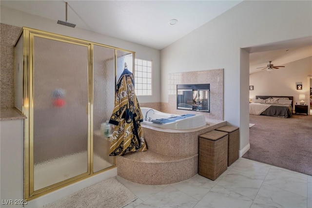 464 Beardsley Cir, Henderson, NV 89052 - ensuite bathroom with a shower stall, lofted ceiling, a bath, marble look tile flooring, and a ceiling fan