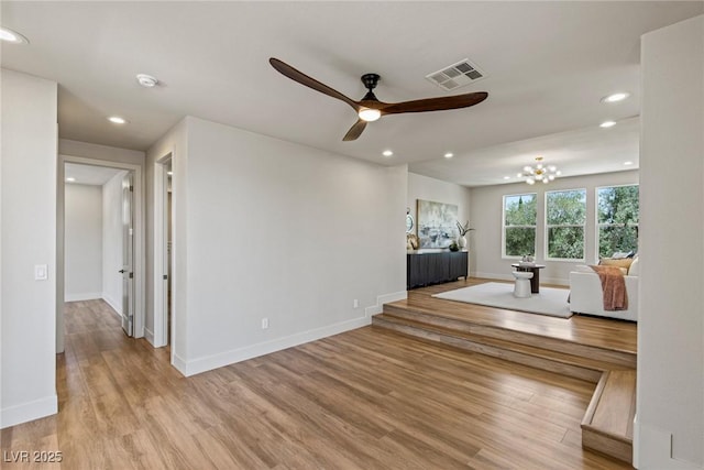 11550 Lampeter Ct, Las Vegas, NV 89138 - unfurnished living room featuring light wood-style flooring, a ceiling fan, recessed lighting, and baseboards