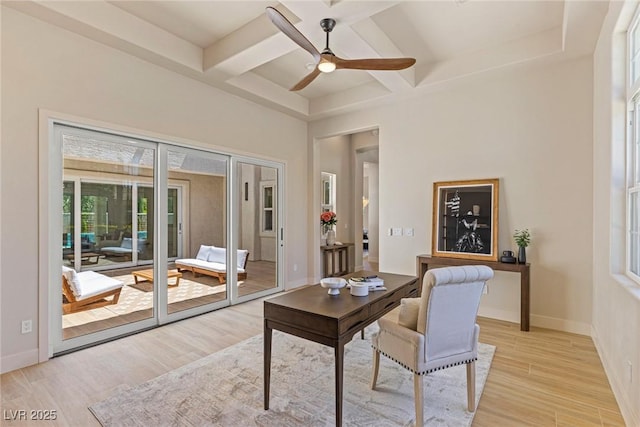 11550 Lampeter Ct, Las Vegas, NV 89138 - office space featuring coffered ceiling, ceiling fan, light wood-style flooring, beamed ceiling, and baseboards
