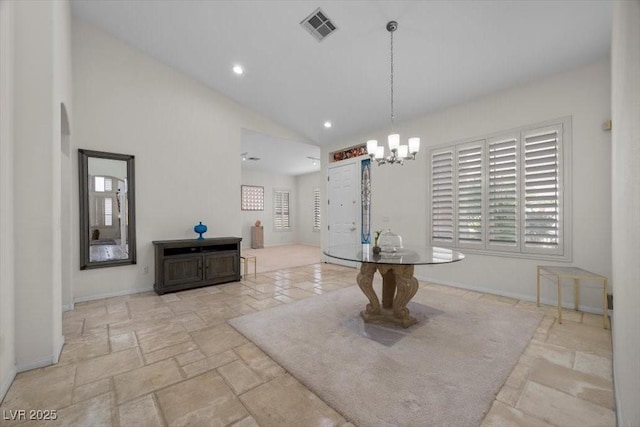835 Market Crest Dr, Las Vegas, NV 89110 - dining room featuring plenty of natural light, stone tile flooring, vaulted ceiling, a chandelier, and recessed lighting