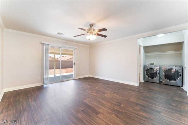 5524 La Pelusa St, North Las Vegas, NV 89031 - unfurnished living room with a ceiling fan, washing machine and dryer, baseboards, dark wood-style floors, and ornamental molding