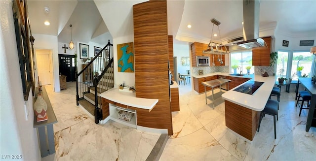 5041 Portraits Pl, Las Vegas, NV 89149 - kitchen with stainless steel microwave, a sink, decorative backsplash, island range hood, and light marble finish flooring
