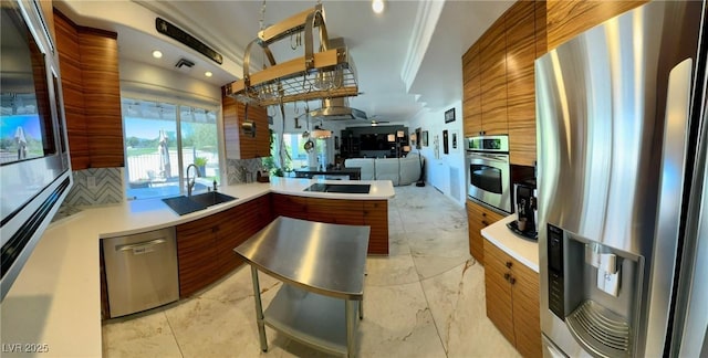 5041 Portraits Pl, Las Vegas, NV 89149 - kitchen featuring stainless steel appliances, modern cabinets, a sink, light countertops, and decorative backsplash
