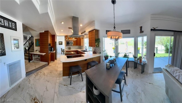 5041 Portraits Pl, Las Vegas, NV 89149 - dining room with stairway, light marble finish floors, and recessed lighting