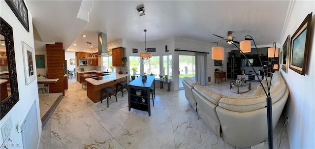 5041 Portraits Pl, Las Vegas, NV 89149 - living room featuring crown molding, recessed lighting, a ceiling fan, and light marble finish floors