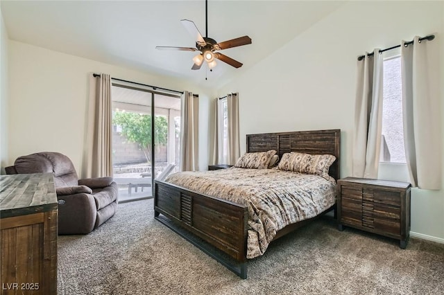 7515 Splashing Rock Dr, Las Vegas, NV 89131 - carpeted bedroom with access to exterior, vaulted ceiling, and a ceiling fan