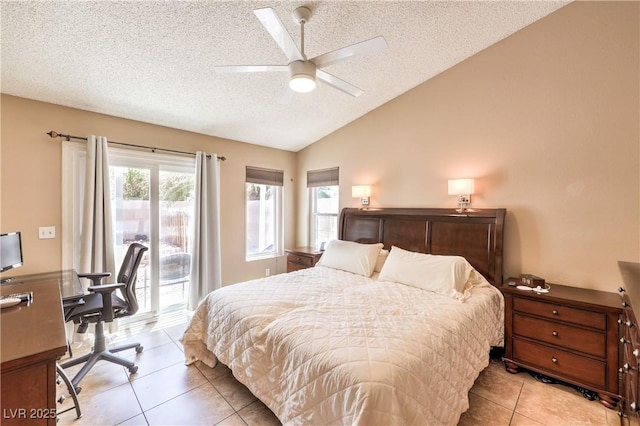 7641 Sea Wind Dr, Las Vegas, NV 89128 - bedroom with access to outside, a textured ceiling, light tile patterned flooring, multiple windows, and lofted ceiling