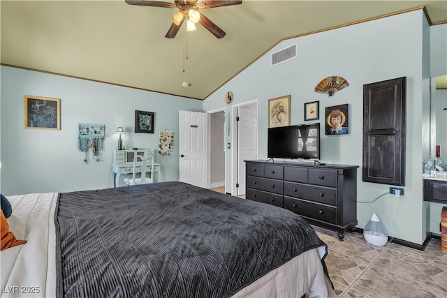 7197 Sixshooter Dr, Las Vegas, NV 89119 - bedroom with vaulted ceiling, baseboards, and ceiling fan