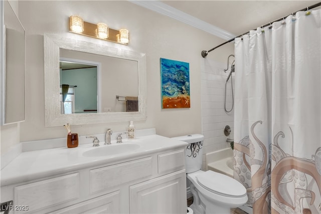 7197 Sixshooter Dr, Las Vegas, NV 89119 - bathroom featuring vanity, ornamental molding, shower / bathtub combination with curtain, and toilet