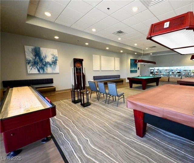 7727 Widewing Dr, North Las Vegas, NV 89084 - rec room featuring pool table, a paneled ceiling, baseboards, recessed lighting, and a tray ceiling