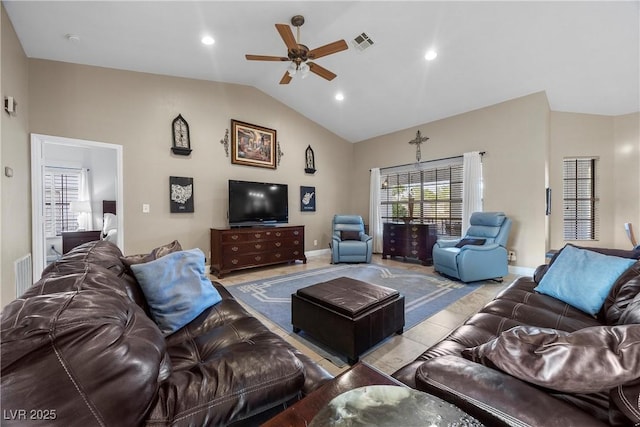 5020 Linkside Dr, Las Vegas, NV 89130 - tiled living area with lofted ceiling, a ceiling fan, baseboards, and recessed lighting