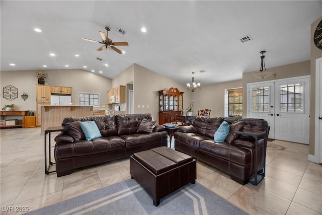 5020 Linkside Dr, Las Vegas, NV 89130 - living room featuring vaulted ceiling, a ceiling fan, a chandelier, and recessed lighting